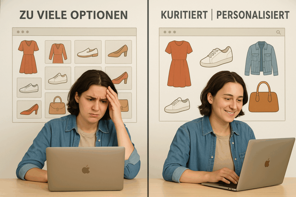 Ein split-screen-Bild, das links einen gestressten Kunden in einem überfüllten Online-Shop zeigt und rechts denselben Kunden entspannt, der personalisierte Empfehlungen nutzt.
