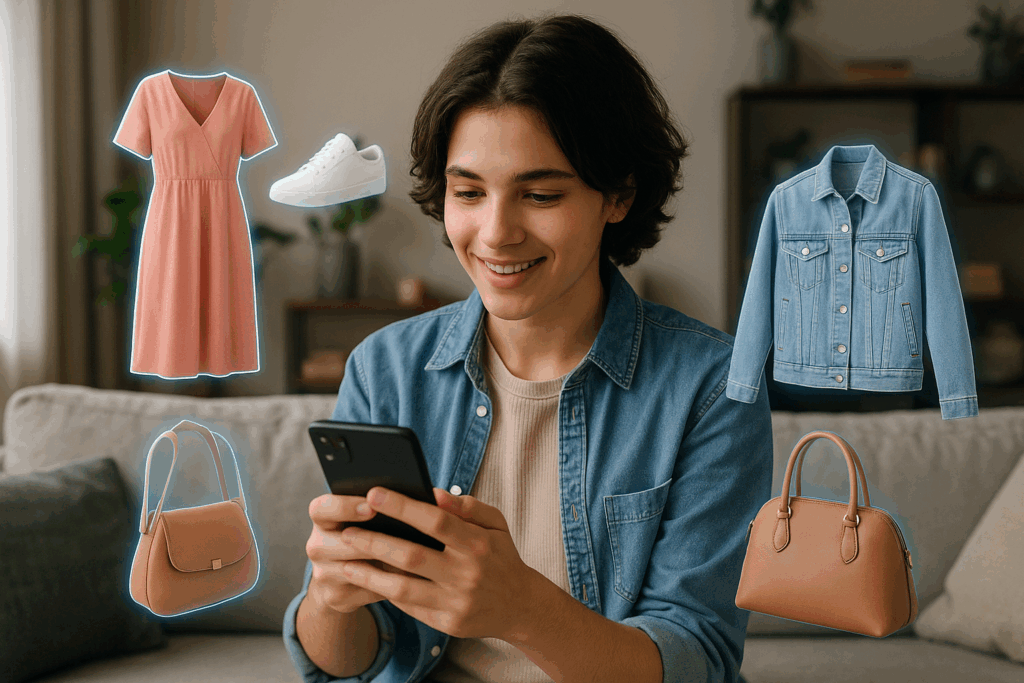 Ein junger Mensch, der ein Smartphone in einem modernen Wohnzimmer verwendet, mit holografischen Modeartikeln, die von einer KI-Einkaufs-App generiert werden, um ihn herum schweben.