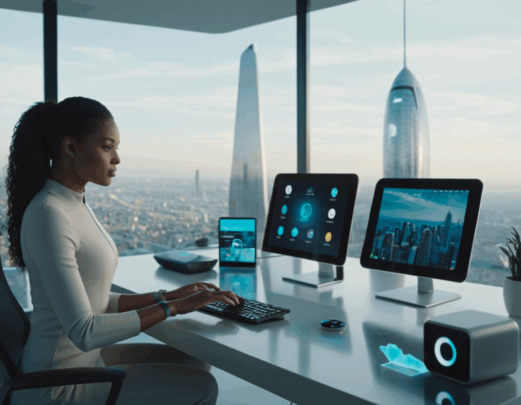 Ein Mensch in einem modernen Home-Office, der mit einem holografischen KI-Assistenten interagiert, während Smart-Geräte wie ein Lautsprecher und ein Tablet auf dem Schreibtisch sichtbar sind. Der Raum hat große Fenster mit Blick auf eine futuristische Stadt.