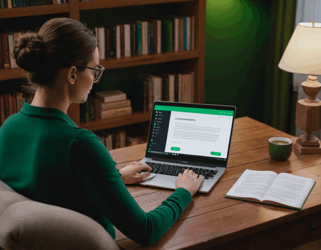 Ein Schriftsteller in einer gemütlichen Bibliothek, der an einem Laptop arbeitet. Auf dem Bildschirm ist Text zu sehen, der von AI korrigiert wird, mit grünen Unterstreichungen und dem Grammarly-Logo. Der Raum hat Bücherregale und weiches Licht.