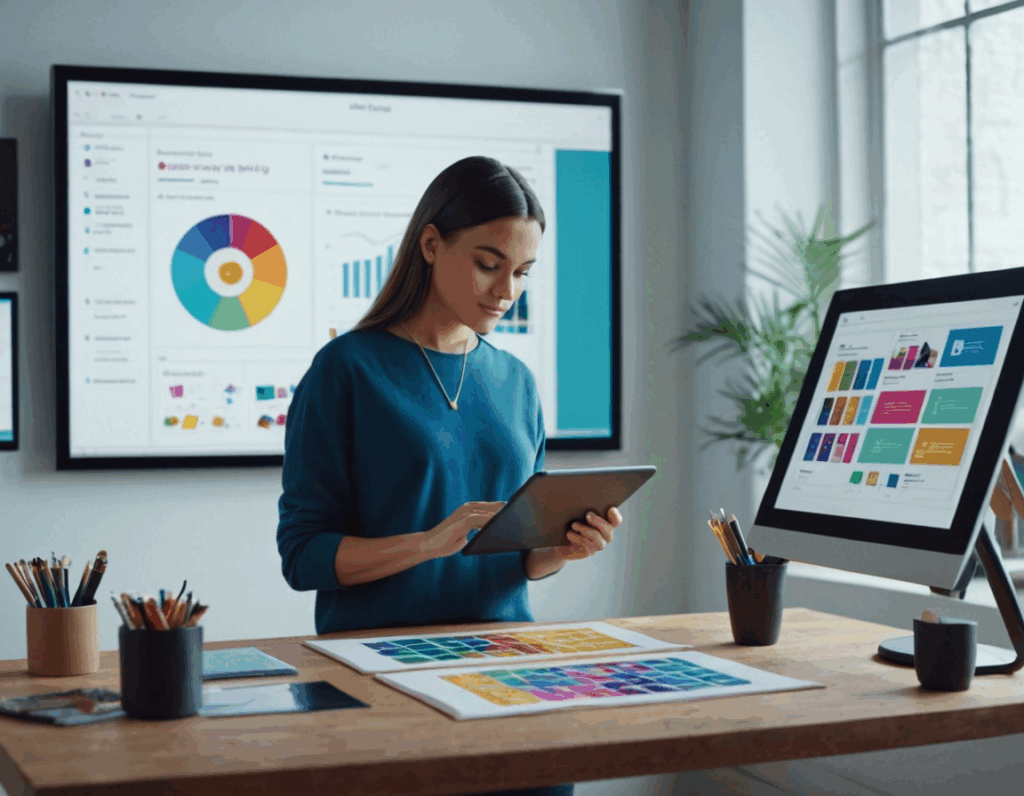 Ein Designer in einem kreativen Studio, der auf einem Tablet eine Grafik erstellt. Die KI von Canva schlägt Layouts, Farben und Textstile vor, und der Designer interagiert mit dem Bildschirm. Der Raum ist farbenfroh und modern eingerichtet.