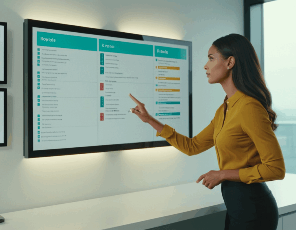 Ein Professional in einem zeitgenössischen Büro, der vor einem großen Bildschirm steht, der ein von AI organisiertes Projektmanagement-Board oder einen Kalender anzeigt. Der Raum ist sauber und minimalistisch, mit Whiteboards und Tech-Geräten.