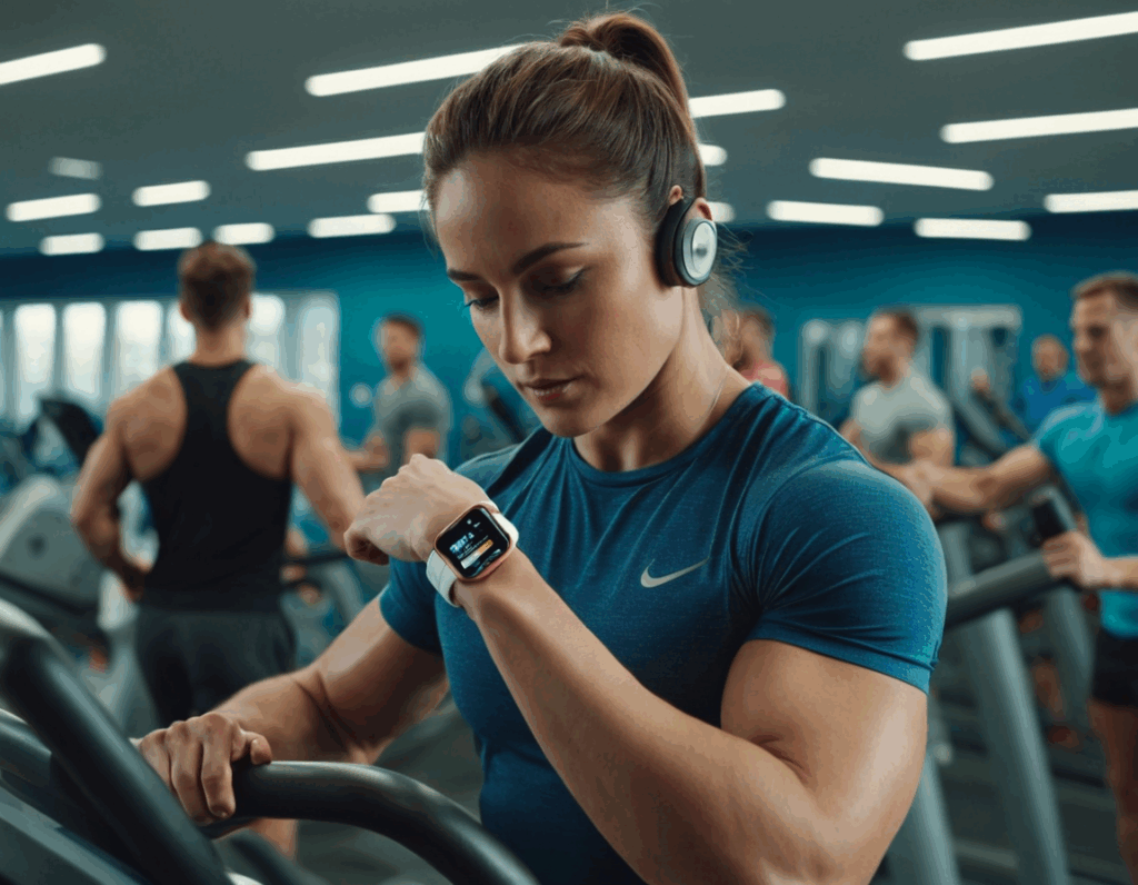 Ein Fitness-Enthusiast in einem Gym, der auf eine Smartwatch schaut, die einen personalisierten Trainingsplan von AI anzeigt, mit Übungen, Wiederholungen und Sätzen. Im Hintergrund sind Fitnessgeräte und andere Personen zu sehen.