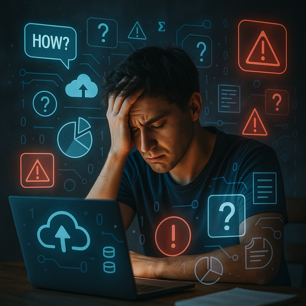 Ein Schüler, umgeben von dunklen Schatten mit Fragezeichen – symbolisiert Überforderung oder Datenschutzsorgen bei KI-Nutzung.