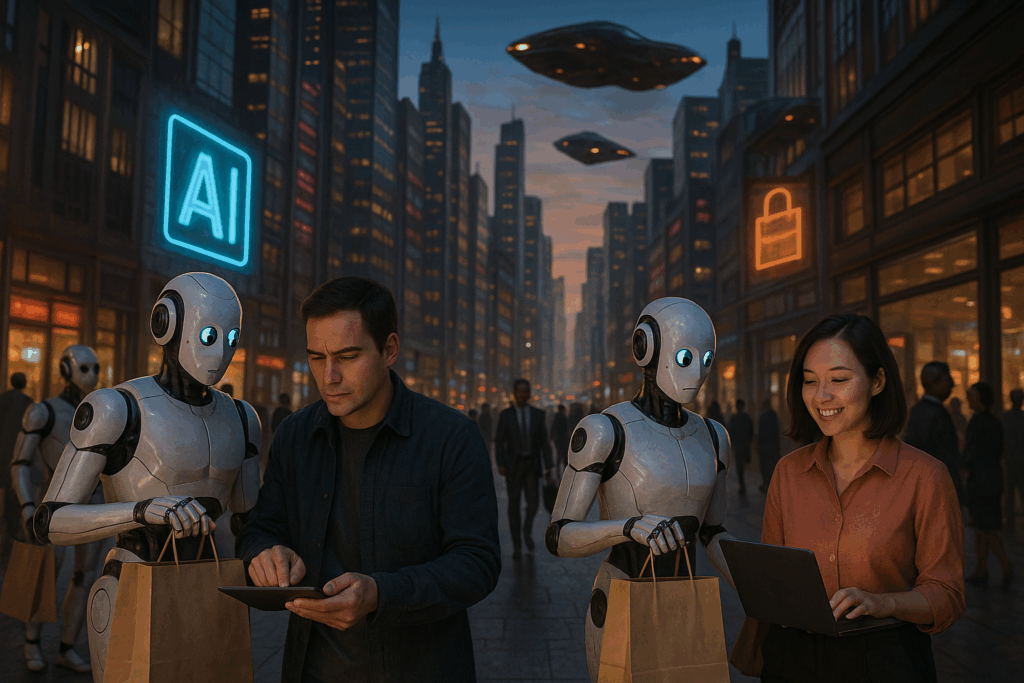Eine belebte futuristische Stadt bei Dämmerung, mit Neonlichtern und fliegenden Autos, in der Menschen und KI-Roboter harmonisch zusammenarbeiten.