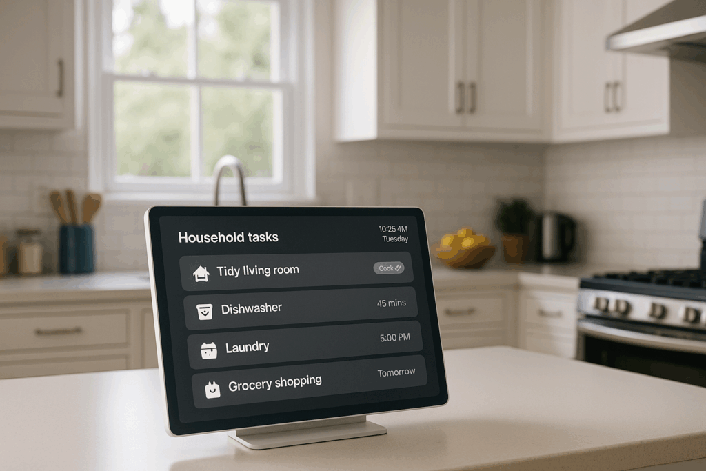 Eine Familie im smarten Zuhause, unterstützt durch unsichtbare KI-Helfer – Licht, Reinigung, Einkäufe automatisch gesteuert.