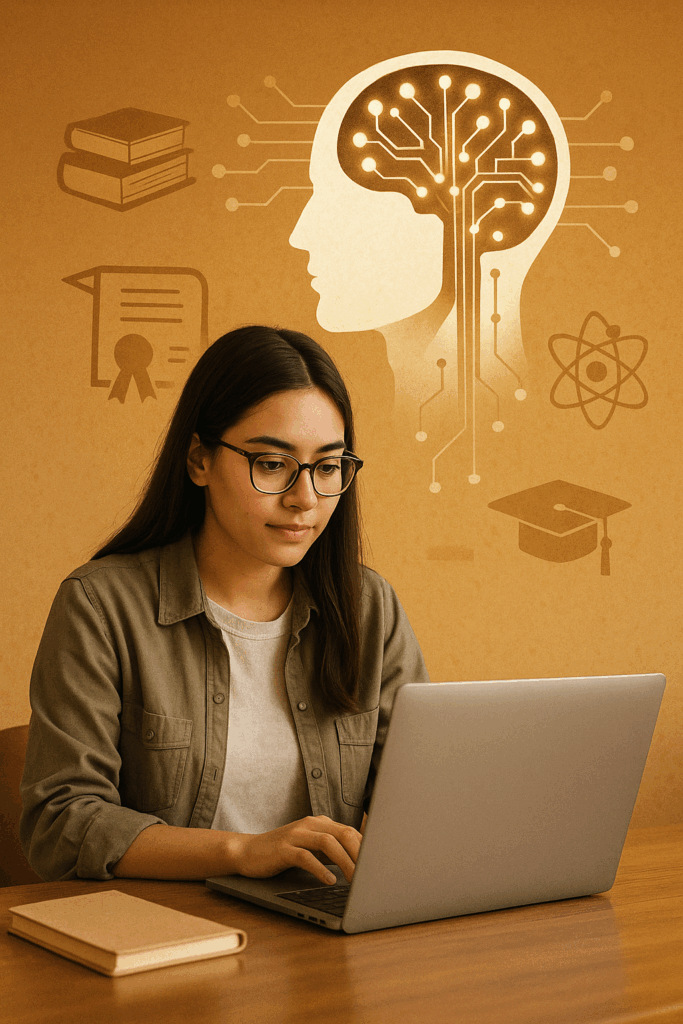 Moderne Illustration einer KI im Bildungsumfeld: Studierende mit Laptop, über dem ein stilisierter KI-Kopf schwebt