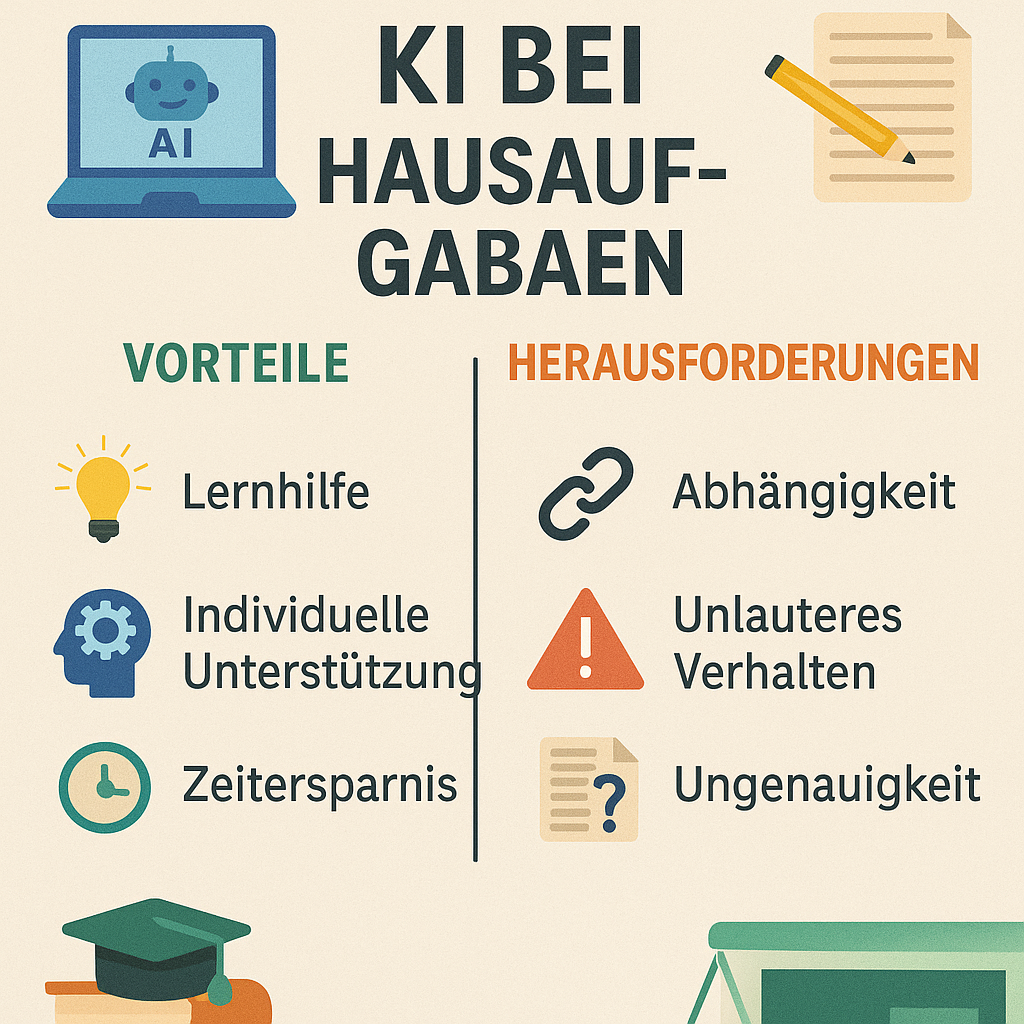 Titel: KI bei Hausaufgaben
Vorteile:
💡 Lernhilfe – KI kann komplexe Inhalte erklären und Verständnis fördern.
🧠 Individuelle Unterstützung – Anpassung an das persönliche Lernniveau.
🕒 Zeitersparnis – Schnellere Recherche und Hilfestellung bei Aufgaben.
Herausforderungen:
🔗 Abhängigkeit – Gefahr, sich zu sehr auf KI zu verlassen.
⚠️ Unlauteres Verhalten – Nutzung von KI zum Täuschen oder Schummeln.
📄❓ Ungenauigkeit – Fehlerhafte oder unzuverlässige Informationen möglich.