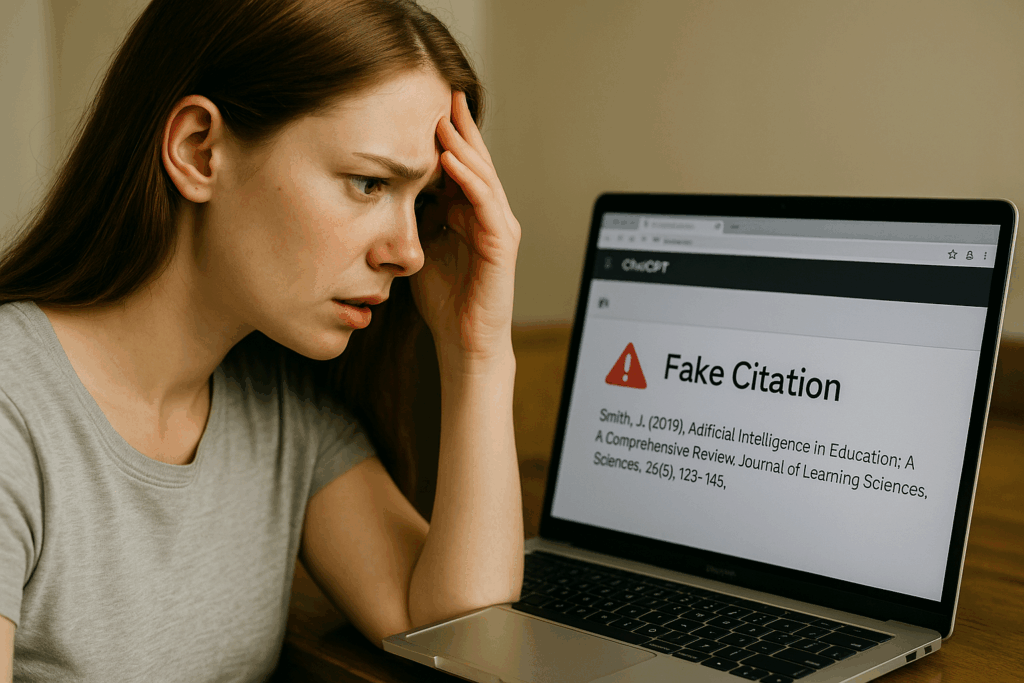 Illustration mit Warnsymbolen: KI gibt falsche Quelle aus – Student schaut kritisch