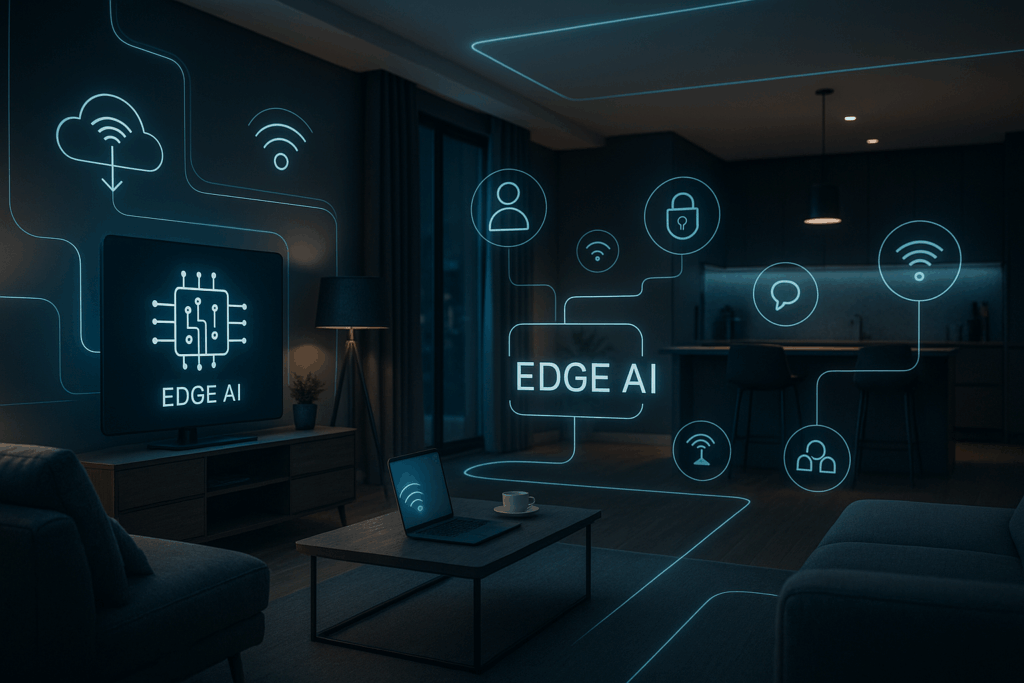 Bild eines Smart Homes oder autonomes Fahrzeugs, in dem Edge KI lokal Daten verarbeitet, dargestellt durch vernetzte Symbole oder direkt im Gerät sichtbare KI-Elemente.