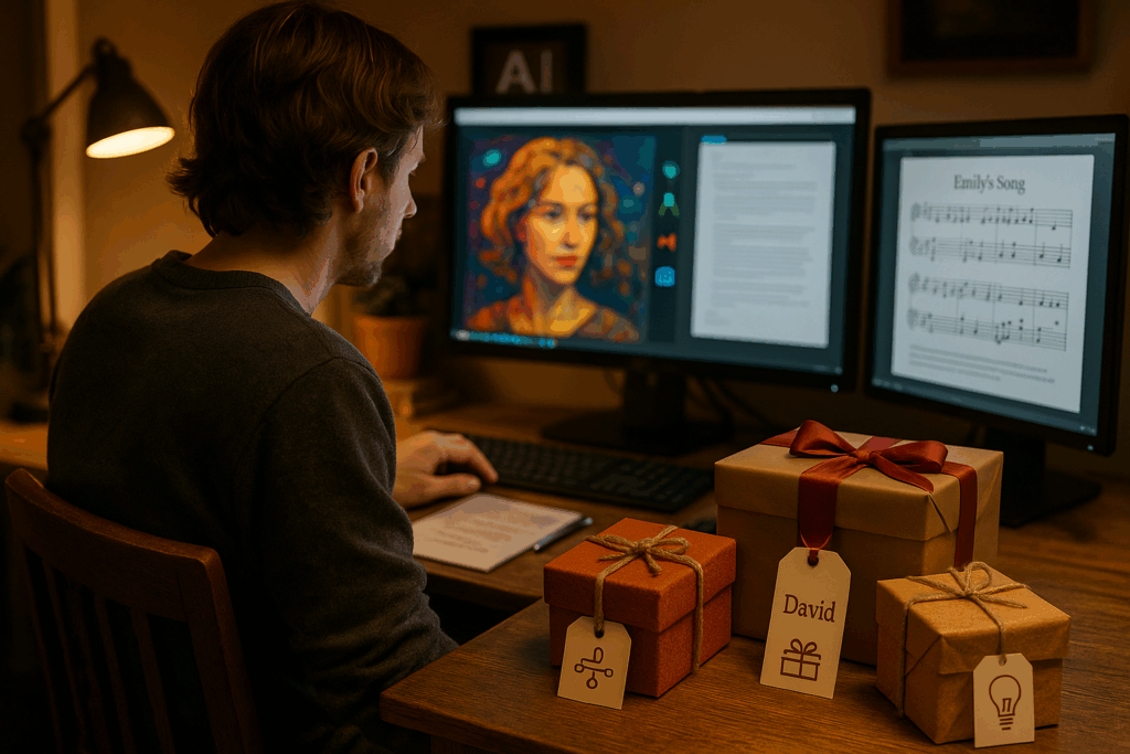 Eine Person sitzt an einem Schreibtisch, umgeben von digitalen Bildschirmen, auf denen KI-generierte Kunstwerke, Texte und Musiknoten zu sehen sind. Auf dem Tisch liegen Geschenke mit persönlichen Etiketten.