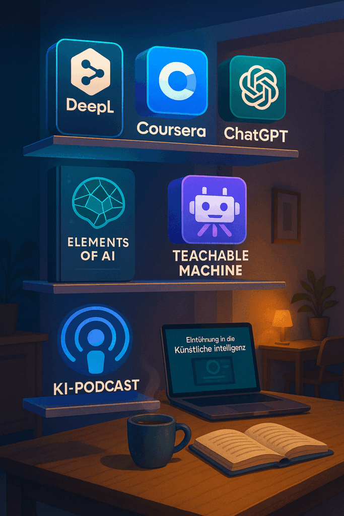 Regal mit Büchern, KI-Gadgets, Laptop offen mit Lernplattformen.