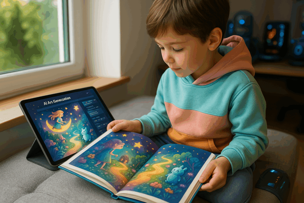 Ein Kind blättert in einem bunten Bilderbuch mit fantastischen KI-Illustrationen, neben ihm/ihr ein Tablet mit der aktiven KI-Plattform im Hintergrund.