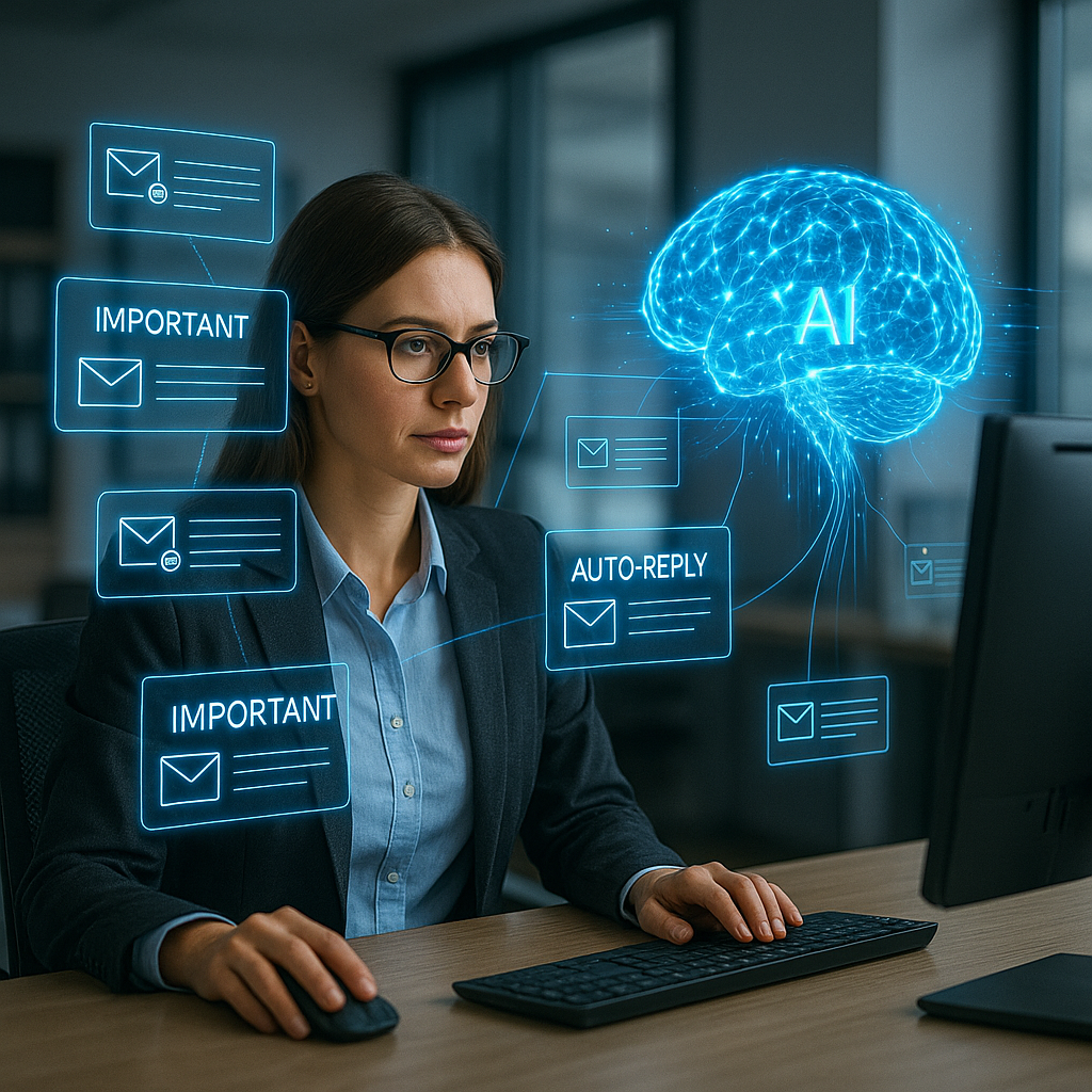 Eine Person scrollt durch ein E-Mail-Postfach, während ein KI-Hologramm Texte analysiert und automatisch sortiert.