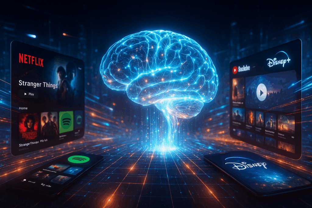Eine digitale Landschaft aus Streamingdiensten, KI-Symbolik und Nutzerdatenströmen – futuristisch, stilisiert, aber photorealistisch.