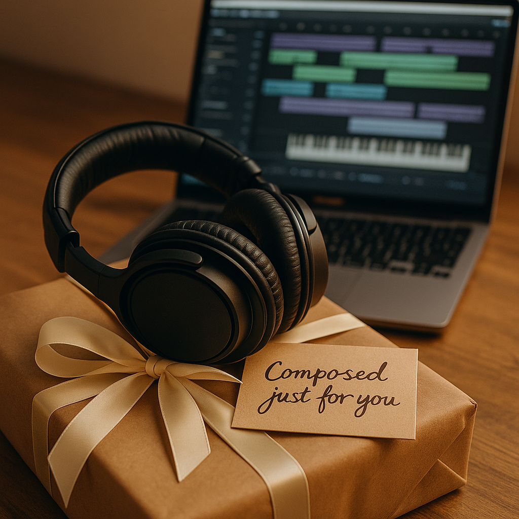 Kopfhörer liegen auf einem Geschenkumschlag mit einer handgeschriebenen Karte „Für dich komponiert“. Im Hintergrund ein Laptop mit geöffneter Musiksoftware (z. B. AIVA).