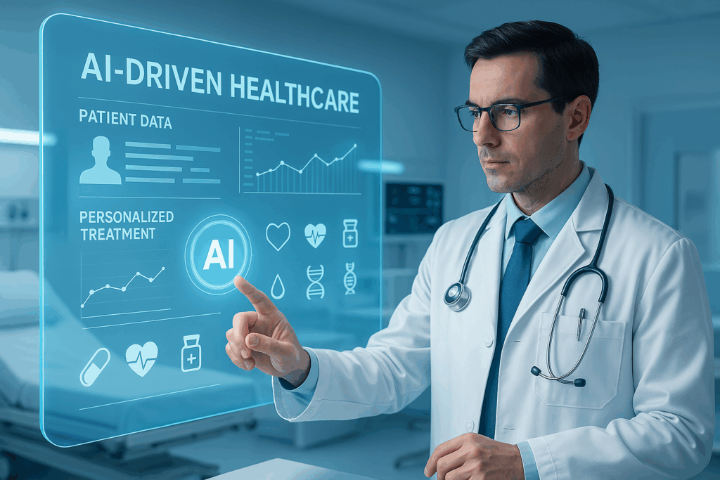 Darstellung eines Arztes, der mithilfe von KI medizinische Diagnosen oder personalisierte Gesundheitsdaten analysiert.