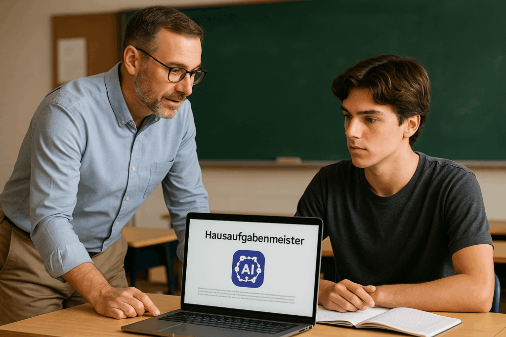 Interaktion zwischen einem Lehrer und einem Schüler in einem Klassenzimmer. Der Schüler hat KI genutzt, um bei seinen Hausaufgaben Hilfe zu erhalten, und der Lehrer überprüft dies mit ihm.