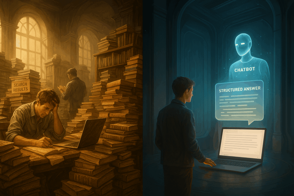 A metaphorical scene of two spaces: on the left, a crowded, dusty library with overwhelmed researchers searching among mountains of books labeled "search results". On the right, a serene, high-tech AI chamber where a glowing chatbot gently projects a structured answer into the air. Warm-cool color split. Wide-angle, photorealistic concept art.