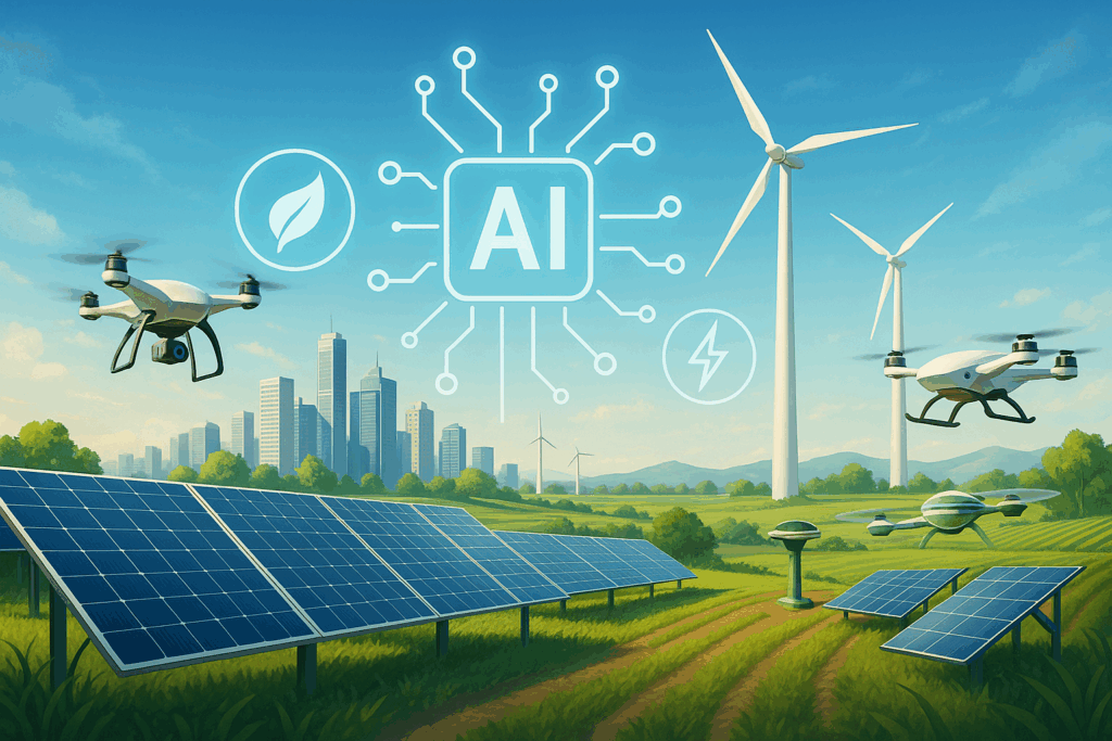 Bild einer nachhaltigen Stadt oder Landwirtschaft, wo KI sichtbar ökologische Optimierungen ermöglicht, wie Solaranlagen, autonome Drohnen oder optimierte Landwirtschaft.