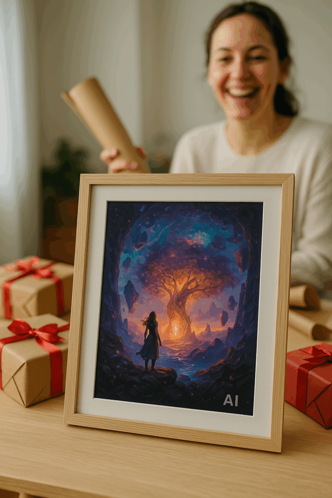 Ein gerahmtes digitales Gemälde auf einem Geschenktisch, im Hintergrund eine glückliche Person, die es gerade ausgepackt hat.