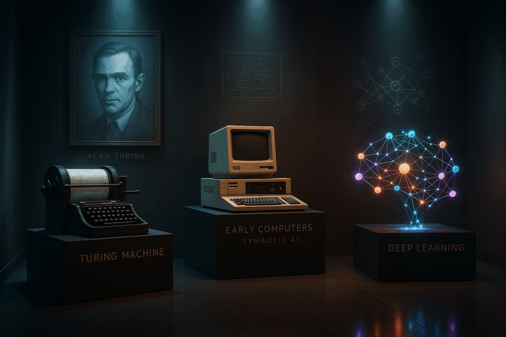 Historische Timeline der KI mit Porträts (z. B. Alan Turing) und Technikphasen.