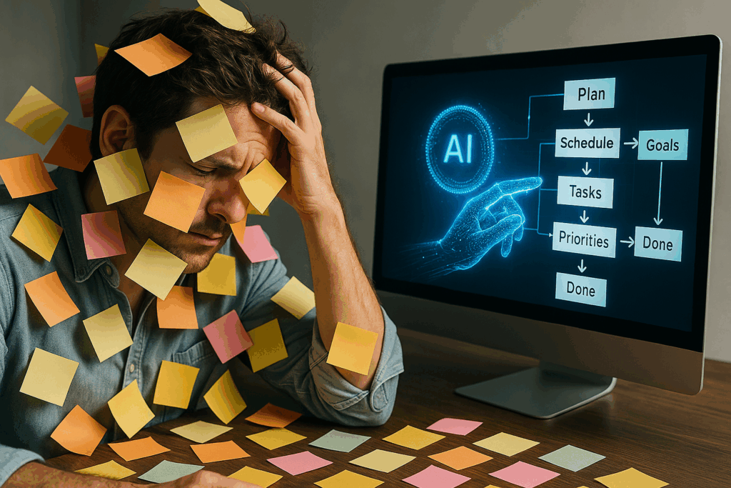 Digitale To-Do-Liste verwandelt sich in einen klar strukturierten Tagesplan auf einem futuristischen Bildschirm.