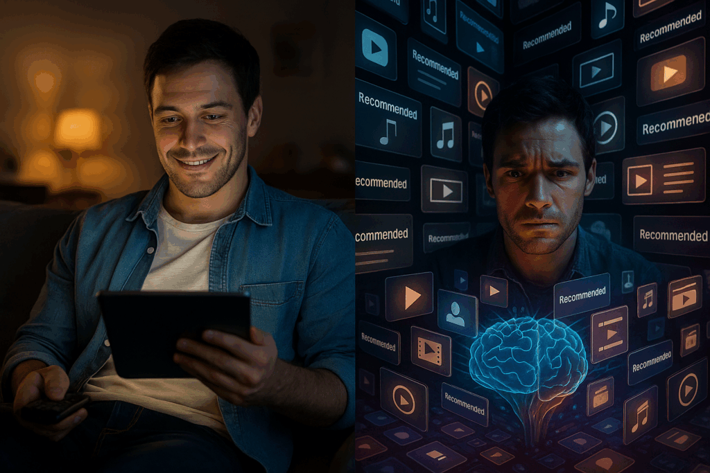 Zwei kontrastierende Hälften: links positives Nutzererlebnis, rechts algorithmische Überwachung.