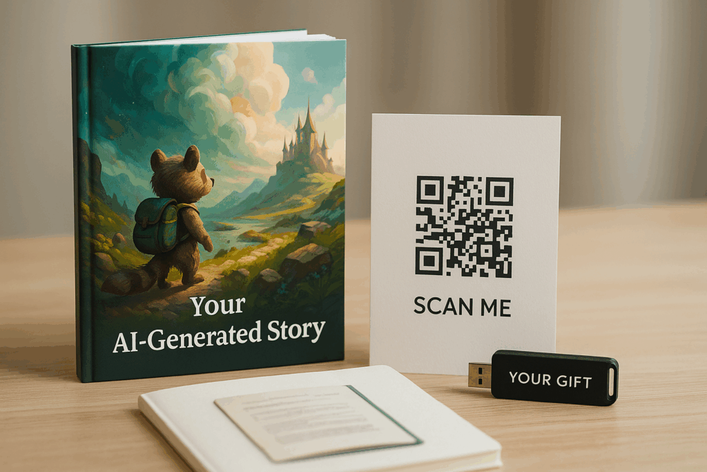 Auf einem Tisch liegt ein kreatives Geschenkset: Ein ausgedrucktes KI-Buch, daneben ein QR-Code auf einer Grußkarte und ein USB-Stick mit digitalem Inhalt.