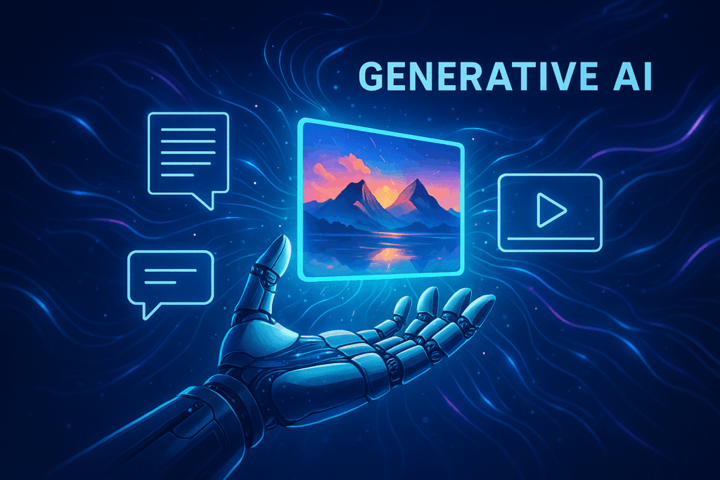 Konzeptuelle Darstellung einer KI, die kreative Inhalte generiert, z. B. eine Hand oder ein Roboter, der Bilder, Videos oder Texte virtuell entstehen lässt.