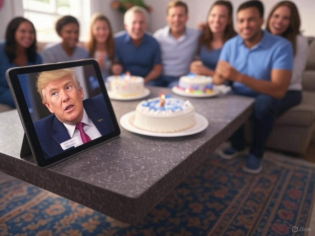 Eine moderne Geburtstagsfeier, auf einem Tablet läuft ein Video mit einem animierten Avatar von Donald Trump, der eine persönliche Botschaft spricht.