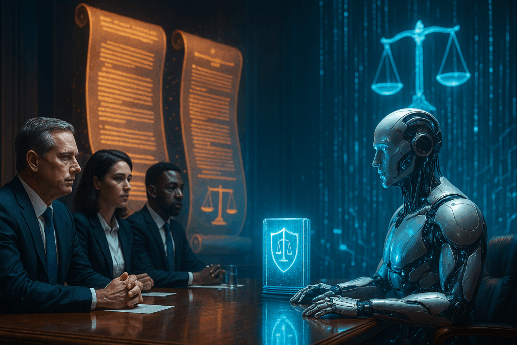 Ein stilisierter Gerichtssaal der Zukunft, mit holographischen KI-Gesetzen, Robotern und Menschen, die diskutieren.