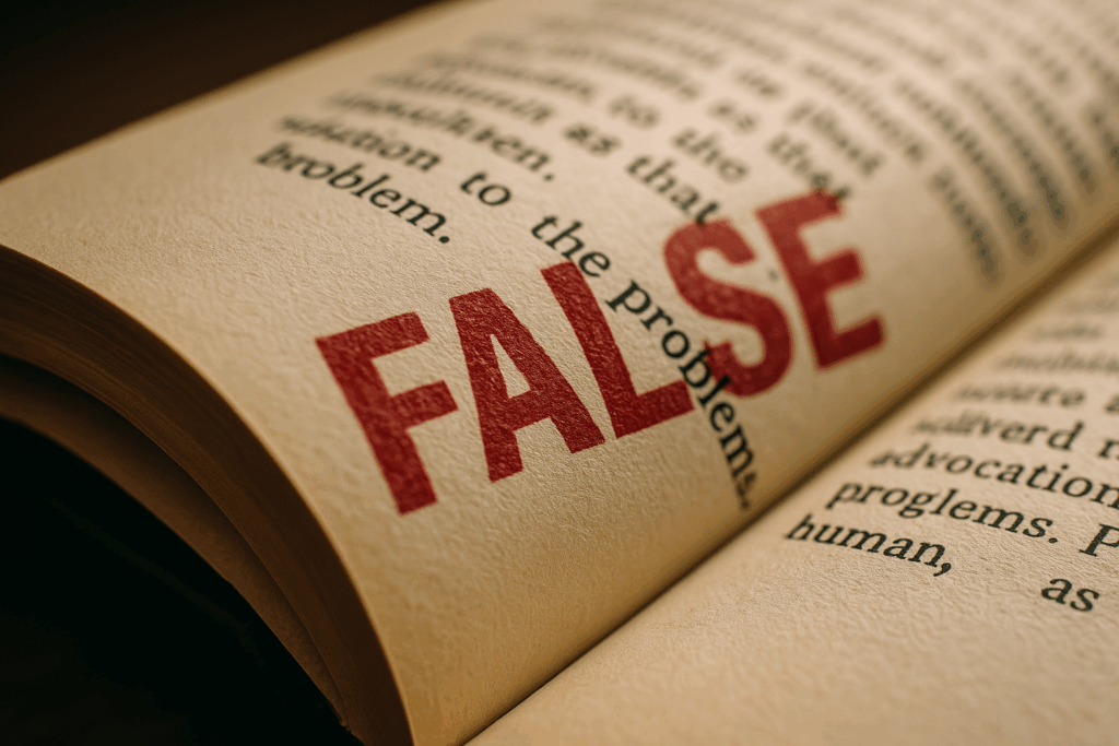 Eine perfekt wirkende Buchseite mit einem roten Fehlerstempel – Fake Facts