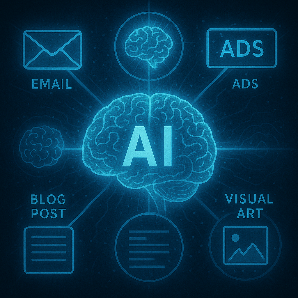 Visualisierung zentraler KI-Technologien im Marketing (Text-KI, Bild-KI, Automatisierung)