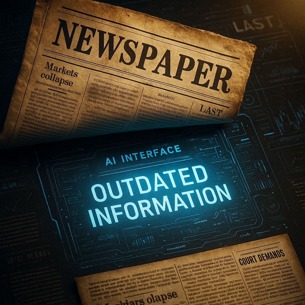 Ein altes, vergilbtes Zeitungspapier liegt über einem leuchtenden digitalen Interface mit der Aufschrift „OUTDATED INFORMATION“ – ein kraftvolles Symbol für veraltetes Wissen im digitalen Zeitalter.