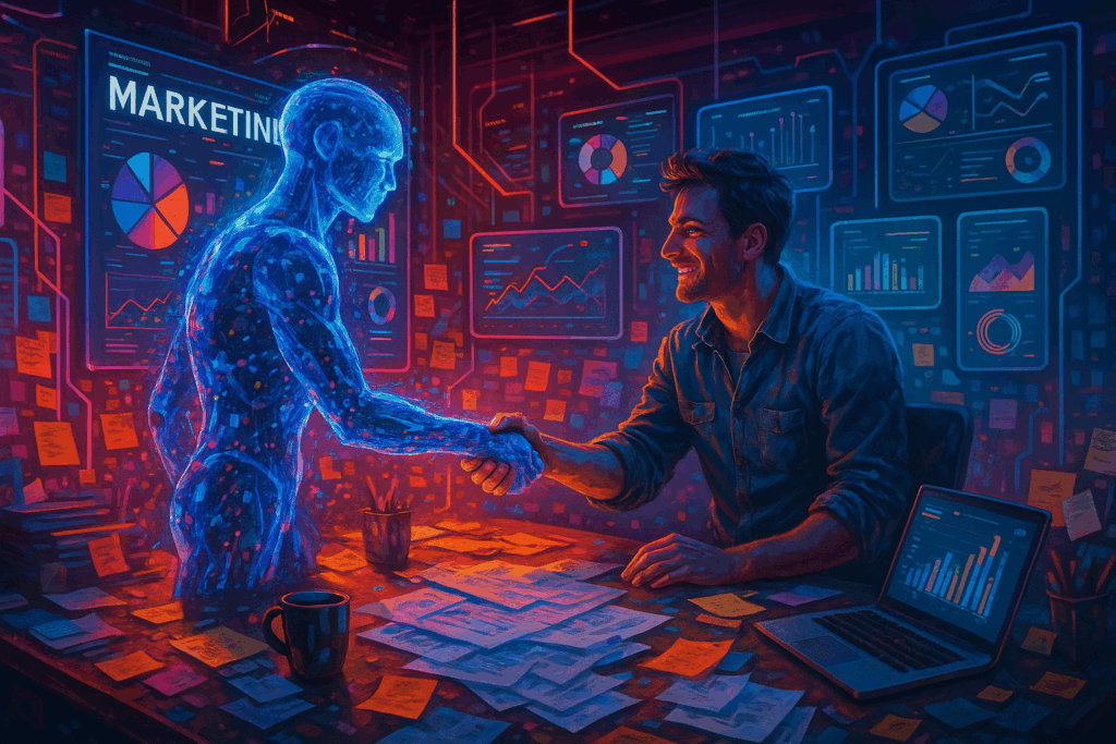Zukunftsorientiertes digitales Marketing-Setup mit Mensch und KI in kreativer Co-Kreation