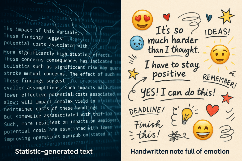 Das Bild zeigt einen direkten Vergleich zwischen emotionslos generiertem KI-Text auf dunklem Hintergrund und einer farbenfrohen, handschriftlichen Notiz voller Gefühle und Doodles – symbolisch für den Unterschied zwischen maschineller und menschlicher Ausdruckskraft.