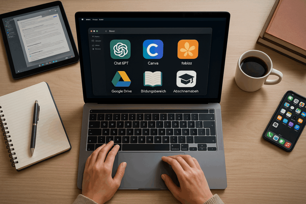 Ein metaphorischer „Werkzeugkasten“ voll digitaler Tools: Icons von ChatGPT, Canva, fobizz, etc.
