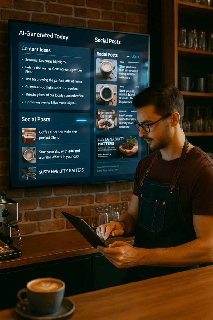 Café mit digitalem KI-Content-Board im Einsatz