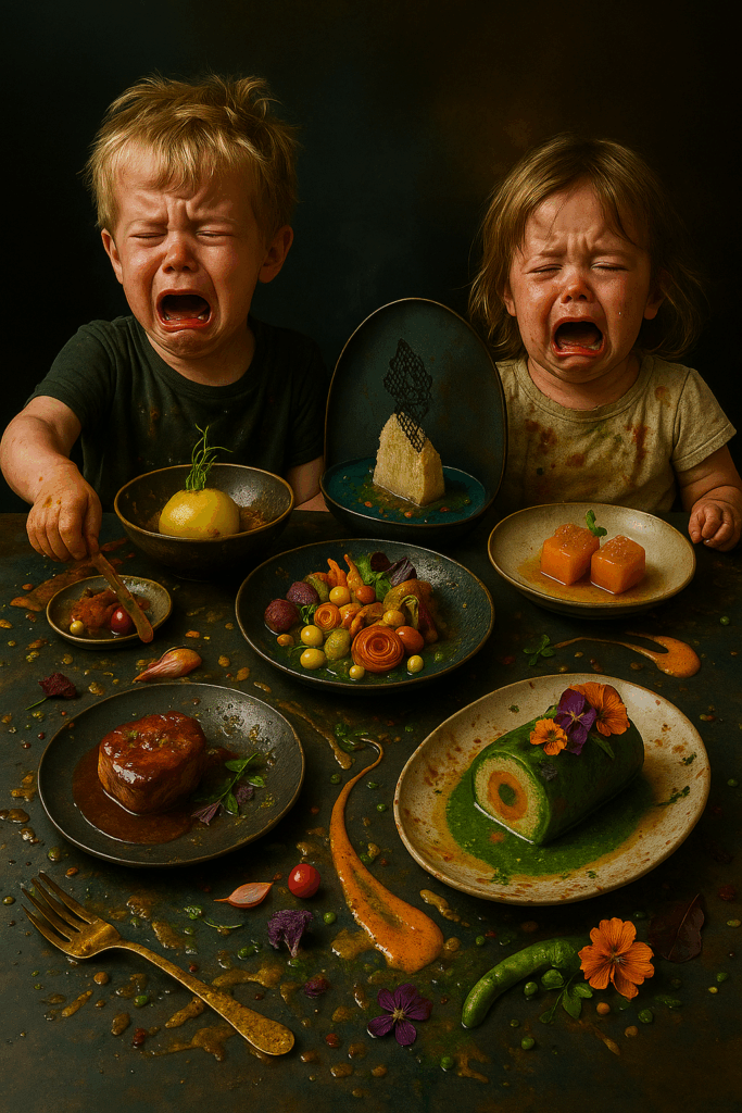 Zwei weinende Kleinkinder sitzen vor einem chaotisch verwüsteten Tisch voller kunstvoller, aber verschmierter Molekularküche, während sie mit Essen bekleckert und verzweifelt in die Kamera blicken.