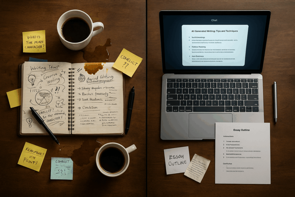 Das Bild zeigt eine kreative Arbeitswand voller bunter Post-its, Skizzen und spontaner Ideen, kontrastiert mit einem aufgeräumten Tisch, auf dem ein leuchtendes Tablet nüchterne, generische KI-Vorschläge anzeigt – ein starker Gegensatz zwischen menschlicher Kreativität und standardisierter KI-Ausgabe.