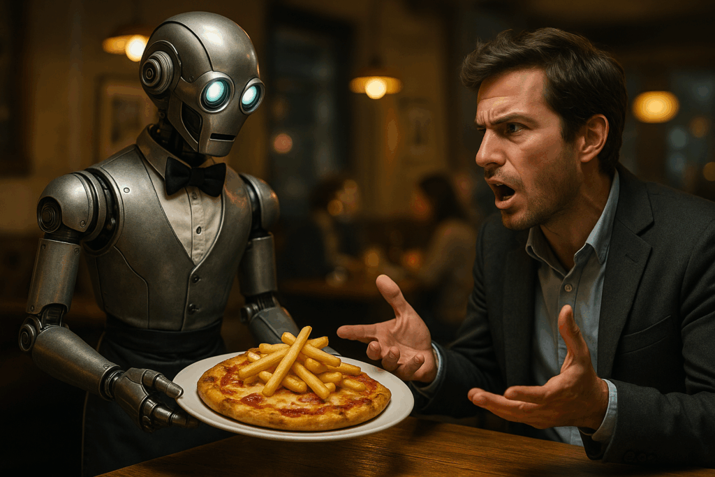 Ein hochauflösendes Foto zeigt einen überraschten Mann in einem Café, der gestikulierend mit einem humanoiden Roboter-Kellner diskutiert, der eine Pizza mit Pommes frites serviert.
