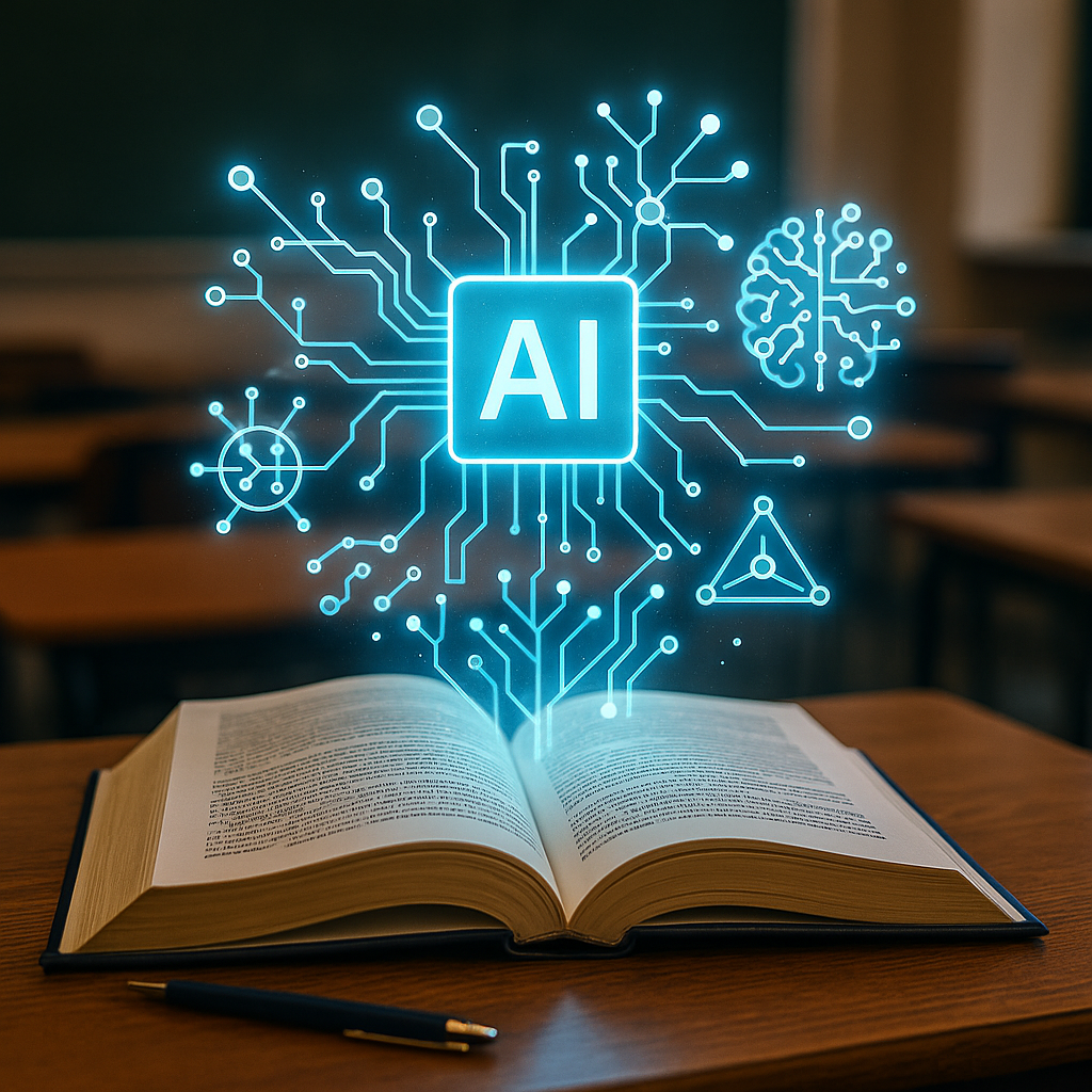 KI-Elemente (z. B. neuronales Netz, Datenströme) schweben über einem offenen Schulbuch.