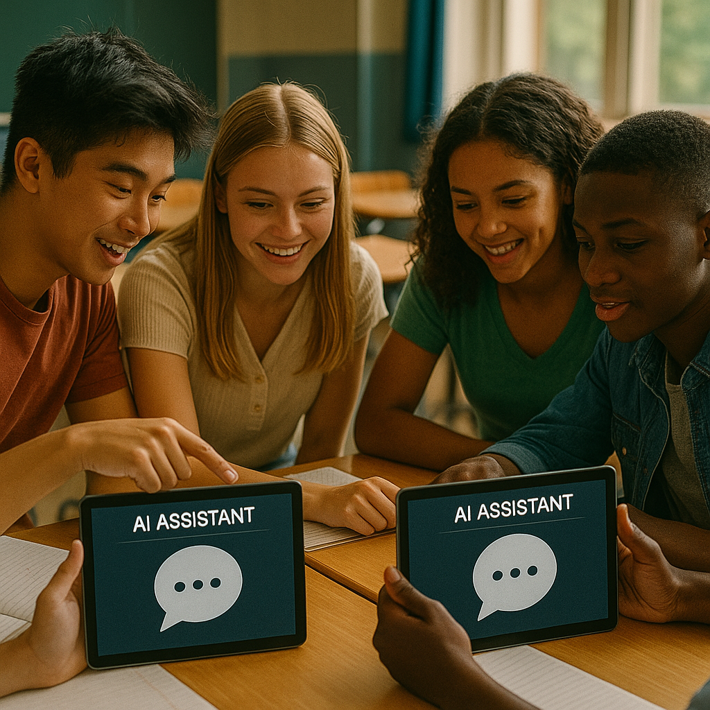 Jugendliche arbeiten in kleinen Gruppen mit Tablets, sichtbar im Dialog mit KI – reflektiert, neugierig.