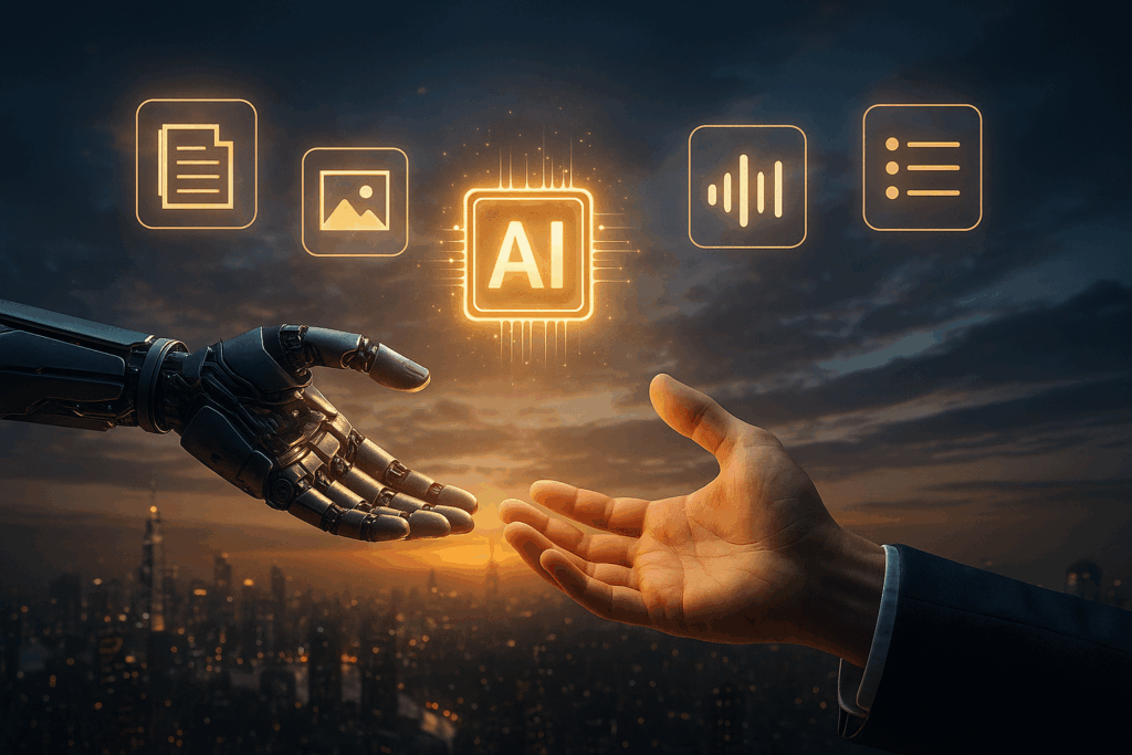 Eine futuristische KI-Hand reicht einem Menschen ein leuchtendes Tool-Icon – im Hintergrund ein digitaler Himmel voller Symbole