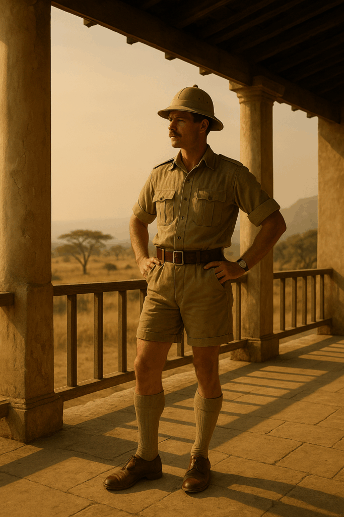 Britischer Offizier 1900 in Khaki-Drill-Shorts, Sonnenschirm, tropische Szenerie.