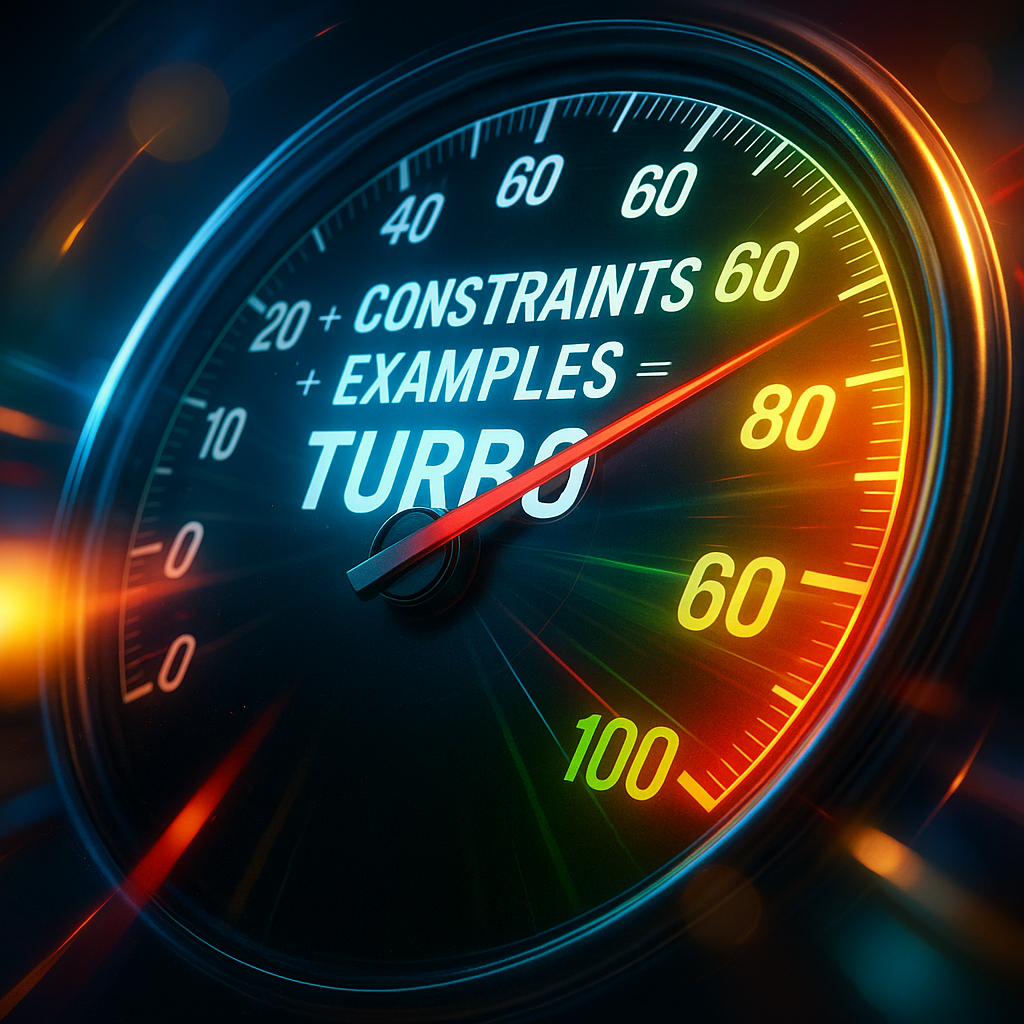 “Dynamic motion shot of futuristic speedometer needle jumping from red (slow) to green (fast), overlay of text ‘Roles + Constraints + Examples = Turbo’, cinematic lens flares”