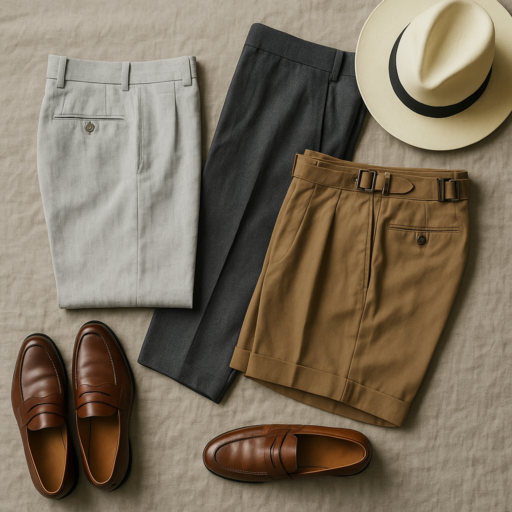Still-Life Flat-Lay von Leinenhose, Fresco-Wolle, Gurkha-Pant, Accessoires.