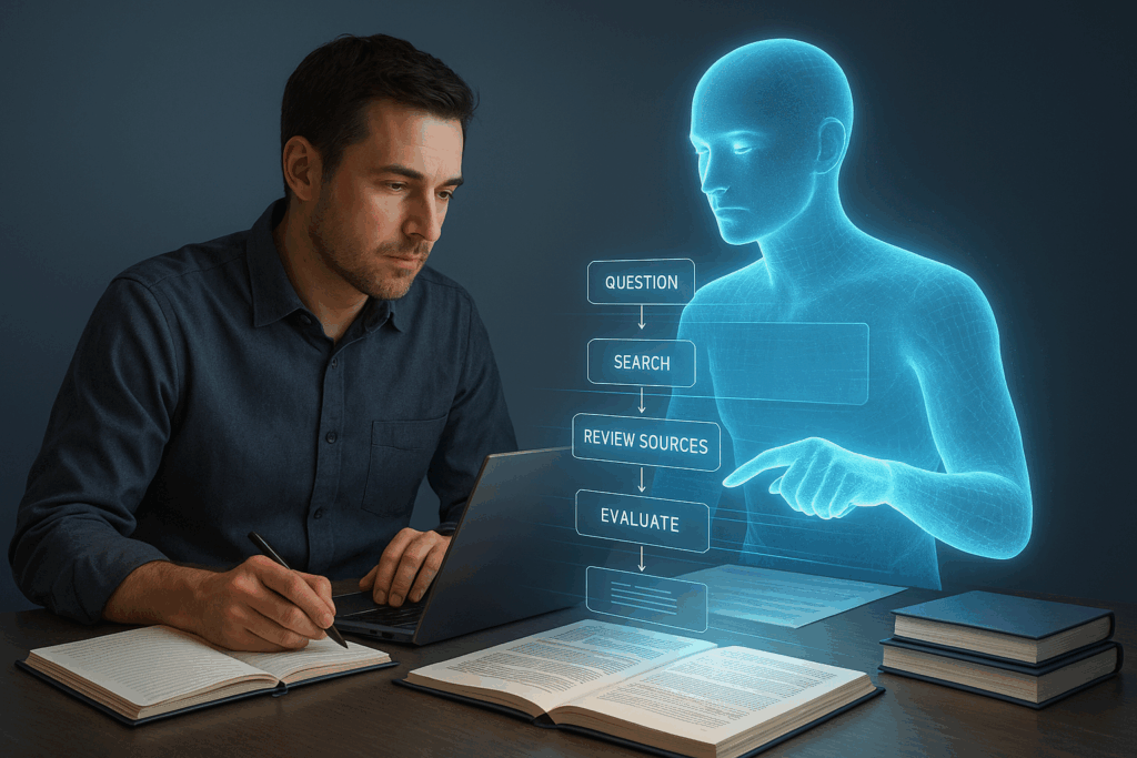 A person collaborating with a transparent AI figure at a research desk, each step of the research visible as digital layers