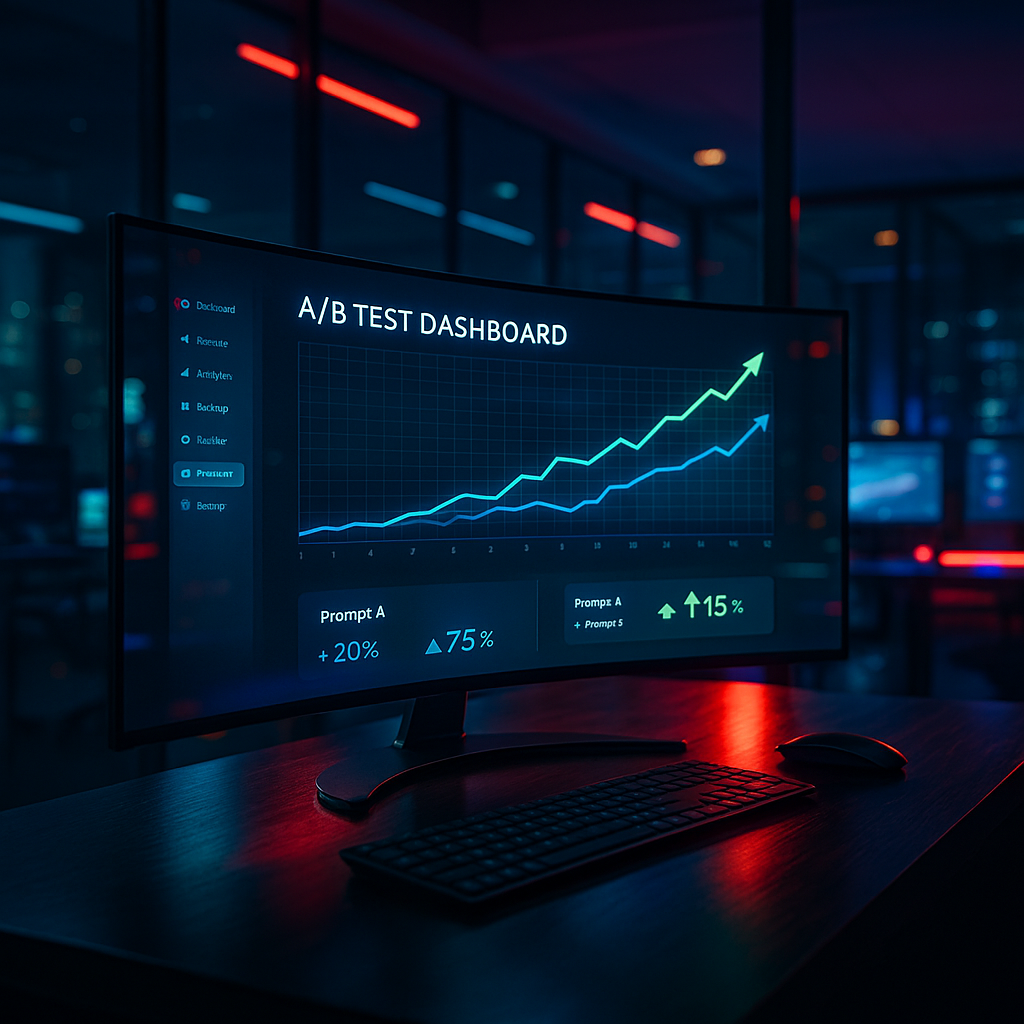 “Night-lit office, curved ultra-wide monitor displaying A/B test dashboard with rising green graph, reflections on glass, RGB accent lights”